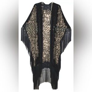 Fringe Kimono /Duster Silk Burnout Velvet Spider Black Beige O/S Maya Matazaro